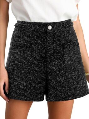 High-Waist Black Tweed Bermuda Shorts with Front Pocket Detail